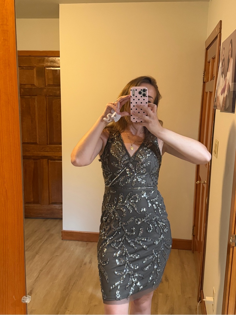 Adrianna Papell Charcoal Sequin V-Neck Sheath Dress